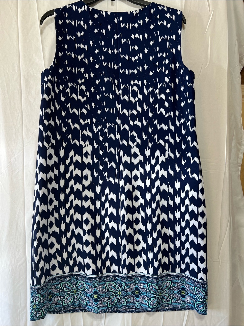 Navy and White Patterned Women’s Dress with Border Trim - Picture 8 of 10